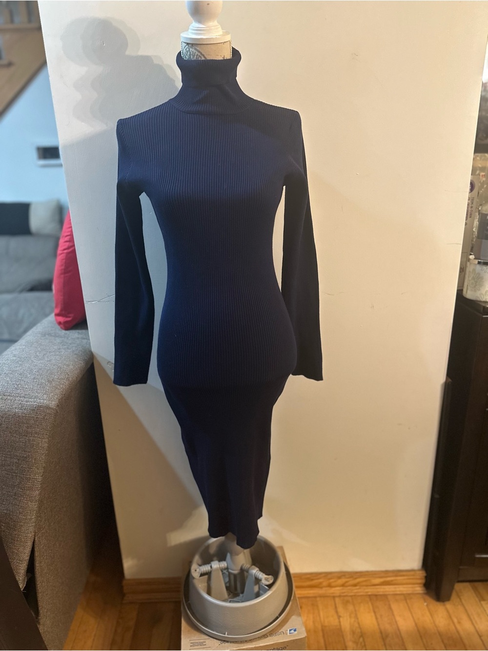 Navy Long-Sleeve Ribbed Turtleneck Midi Dress